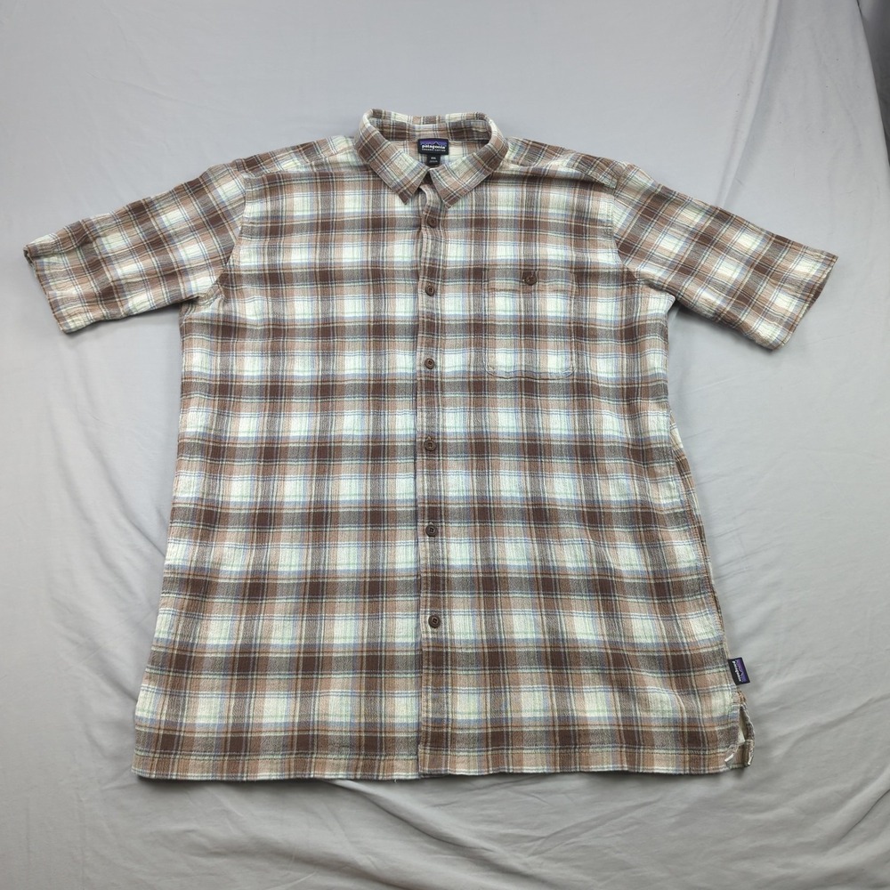Patagonia Shirt Mens 2XL Cream Brown Plaid A/C Work Wear Outdoor Casual